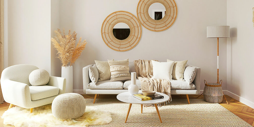 Salon lumineux avec décoration en rotin – Maison Ozélia